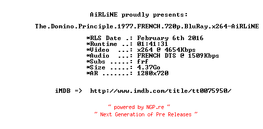 NFO for the release The.Domino.Principle.1977.FRENCH.720p.BluRay.x264-AiRLiNE by AiRLiNE