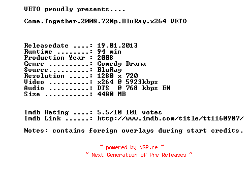 NFO for the release Come.Together.2008.720p.BluRay.x264-VETO by VETO