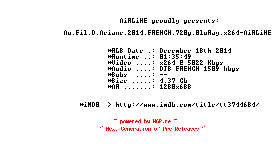 NFO for the release Au.Fil.D.Ariane.2014.FRENCH.720p.BluRay.x264-AiRLiNE by AiRLiNE