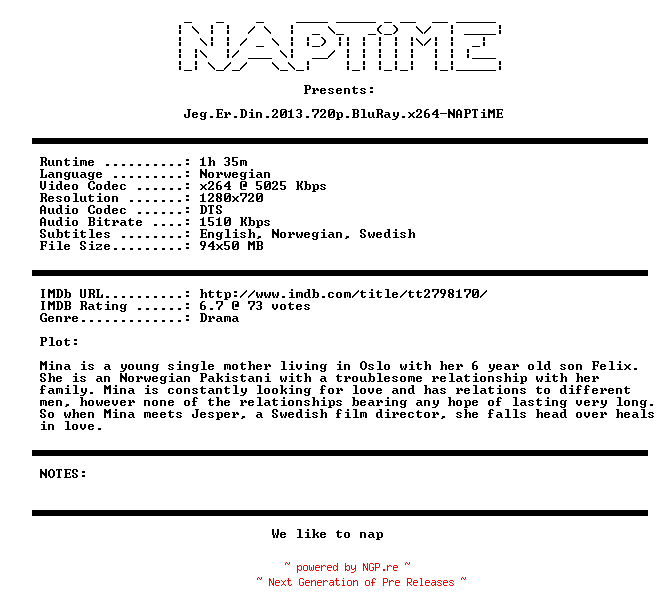 NFO for the release Jeg.Er.Din.2013.720p.BluRay.x264-NAPTiME by NAPTiME