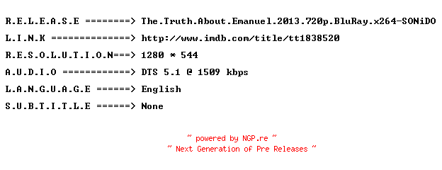 NFO for the release The.Truth.About.Emanuel.2013.720p.BluRay.x264-SONiDO by SONiDO
