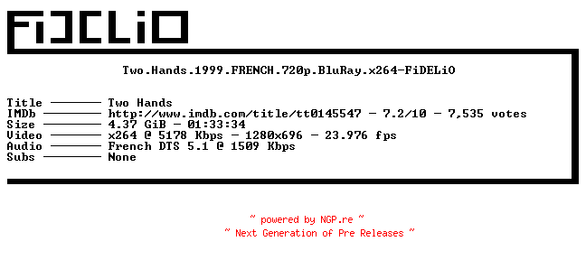 NFO for the release Two.Hands.1999.FRENCH.720p.BluRay.x264-FiDELiO by FiDELiO
