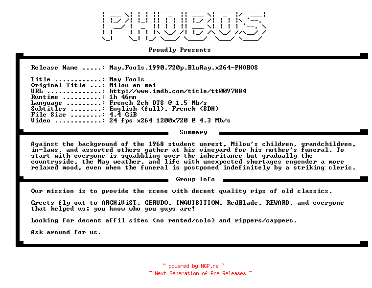 NFO for the release May.Fools.1990.720p.BluRay.x264-PHOBOS by PHOBOS