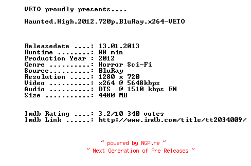 NFO for the release Haunted.High.2012.720p.BluRay.x264-VETO by VETO