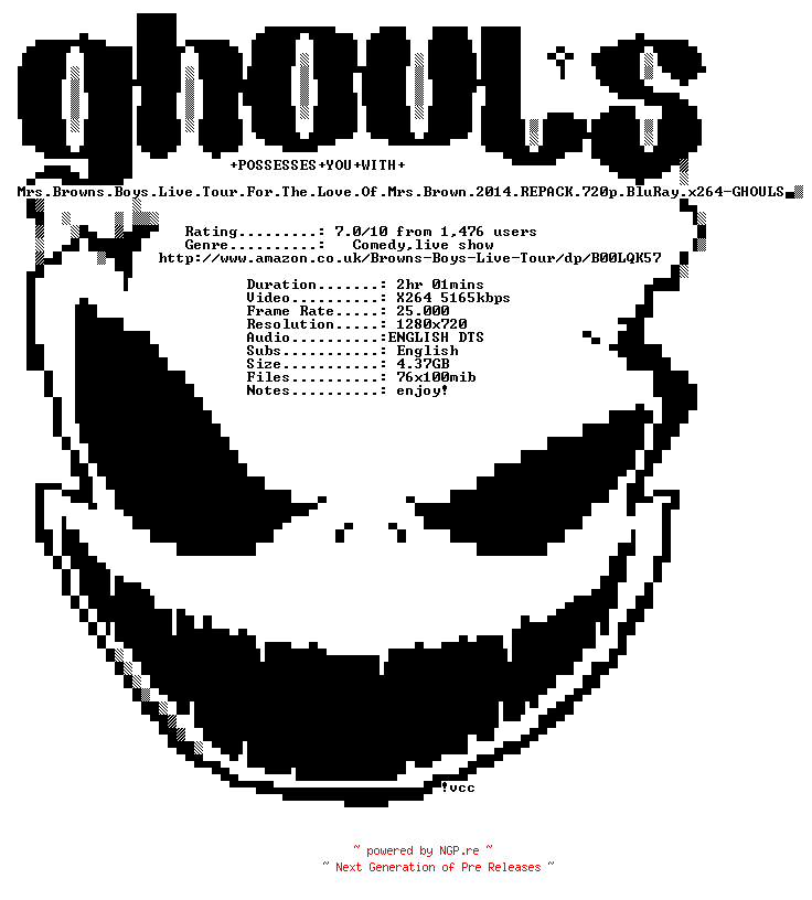 NFO for the release Mrs.Browns.Boys.Live.Tour.For.The.Love.Of.Mrs.Brown.2014.REPACK.720p.BluRay.x264-GHOULS by GHOULS