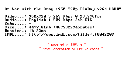 NFO for the release At.War.with.the.Army.1950.720p.BluRay.x264-USURY by USURY