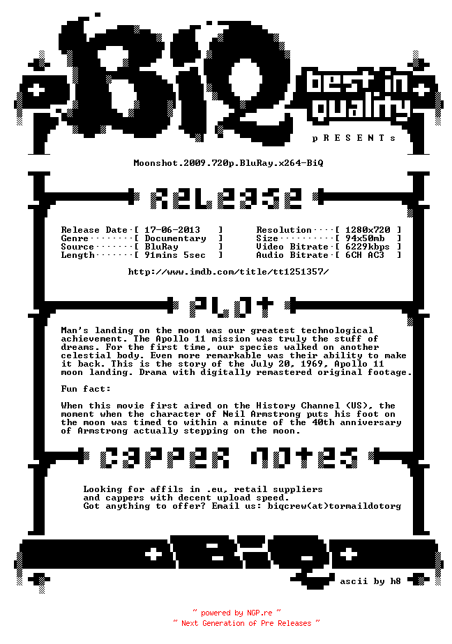 NFO for the release Moonshot.2009.720p.BluRay.x264-BiQ by BiQ