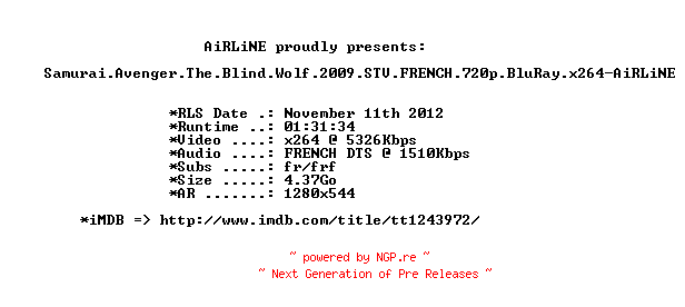 NFO for the release Samurai.Avenger.The.Blind.Wolf.2009.STV.FRENCH.720p.BluRay.x264-AiRLiNE by AiRLiNE