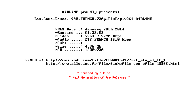 NFO for the release Les.Sous.Doues.1980.FRENCH.720p.BluRay.x264-AiRLiNE by AiRLiNE