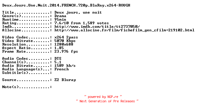 NFO for the release Deux.Jours.Une.Nuit.2014.FRENCH.720p.BluRay.x264-ROUGH by ROUGH