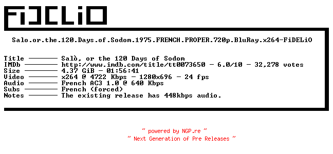 NFO for the release Salo.or.the.120.Days.of.Sodom.1975.FRENCH.PROPER.720p.BluRay.x264-FiDELiO by FiDELiO