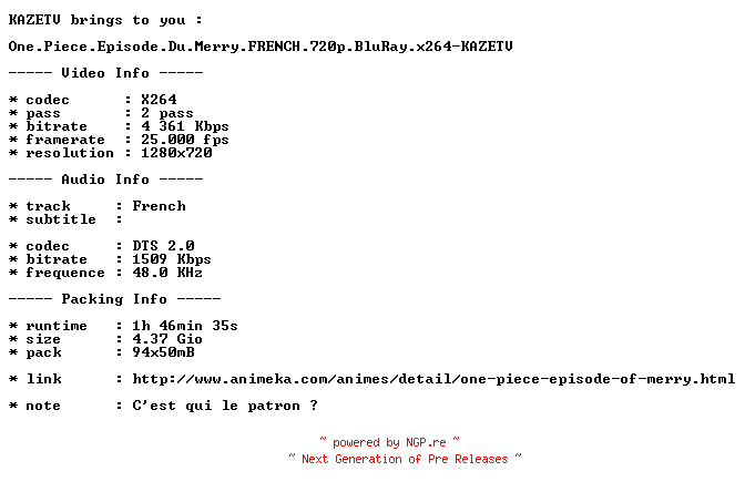 NFO for the release One.Piece.Episode.Du.Merry.FRENCH.720p.BluRay.x264-KAZETV by KAZETV