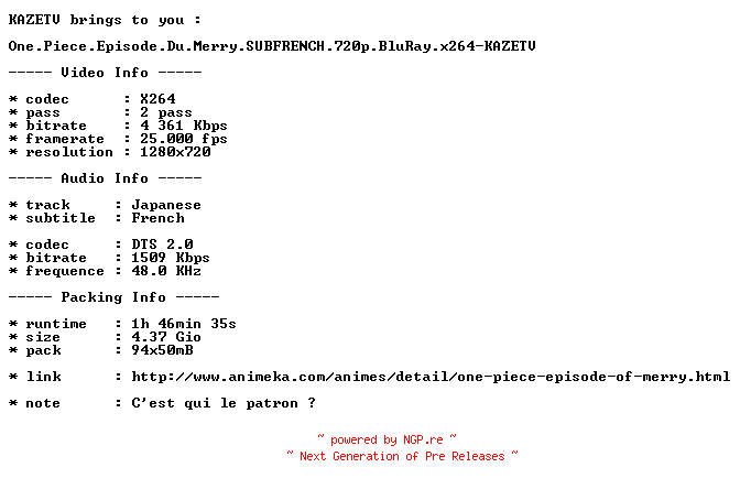 NFO for the release One.Piece.Episode.Du.Merry.SUBFRENCH.720p.BluRay.x264-KAZETV by KAZETV