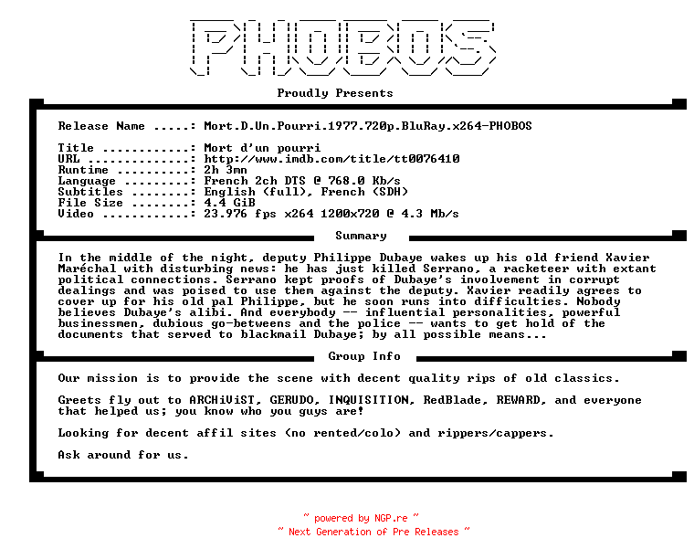 NFO for the release Mort.D.Un.Pourri.1977.720p.BluRay.x264-PHOBOS by PHOBOS