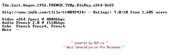 NFO for the release The.Last.Wagon.1956.FRENCH.720p.BluRay.x264-DuSS by DuSS
