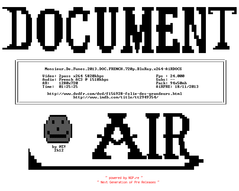 NFO for the release Monsieur.De.Funes.2013.DOC.FRENCH.720p.BluRay.x264-AiRDOCS by AiRDOCS