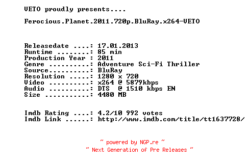 NFO for the release Ferocious.Planet.2011.720p.BluRay.x264-VETO by VETO