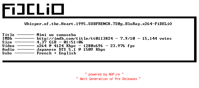 NFO for the release Whisper.of.the.Heart.1995.SUBFRENCH.720p.BluRay.x264-FiDELiO by FiDELiO