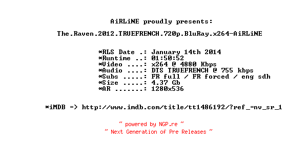 NFO for the release The.Raven.2012.TRUEFRENCH.720p.BluRay.x264-AiRLiNE by AiRLiNE