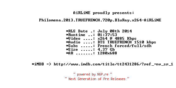 NFO for the release Philomena.2013.TRUEFRENCH.720p.BluRay.x264-AiRLiNE by AiRLiNE
