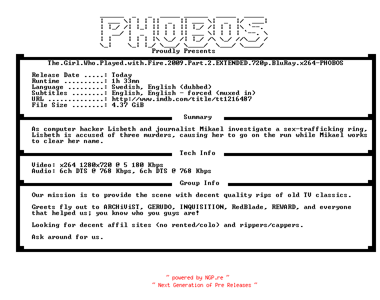 NFO for the release The.Girl.Who.Played.with.Fire.2009.Part.2.EXTENDED.720p.BluRay.x264-PHOBOS by PHOBOS