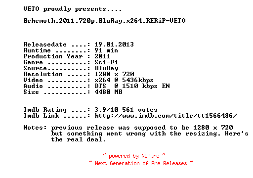 NFO for the release Behemoth.2011.720p.BluRay.x264.RERiP-VETO by VETO