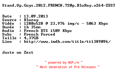 NFO for the release Stand.Up.Guys.2012.FRENCH.720p.BluRay.x264-ZEST by ZEST