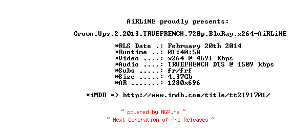 NFO for the release Grown.Ups.2.2013.TRUEFRENCH.720p.BluRay.x264-AiRLiNE by AiRLiNE