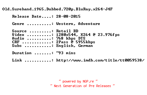 NFO for the release Old.Surehand.1965.Dubbed.720p.BluRay.x264-J4F by J4F