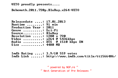 NFO for the release Behemoth.2011.720p.BluRay.x264-VETO by VETO