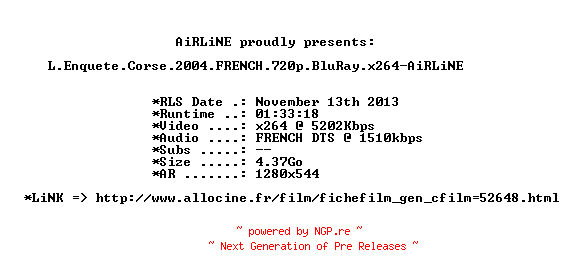 NFO for the release L.Enquete.Corse.2004.FRENCH.720p.BluRay.x264-AiRLiNE by AiRLiNE