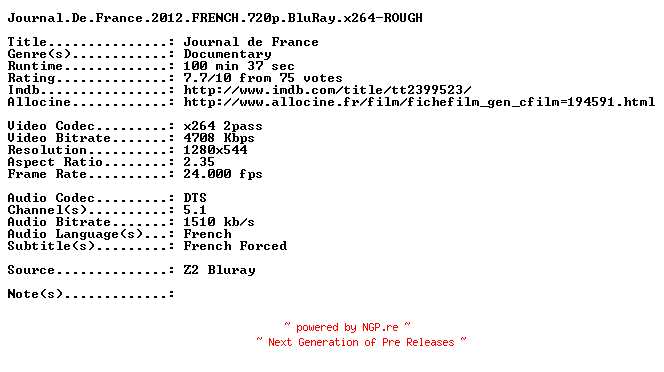 NFO for the release Journal.De.France.2012.FRENCH.720p.BluRay.x264-ROUGH by ROUGH