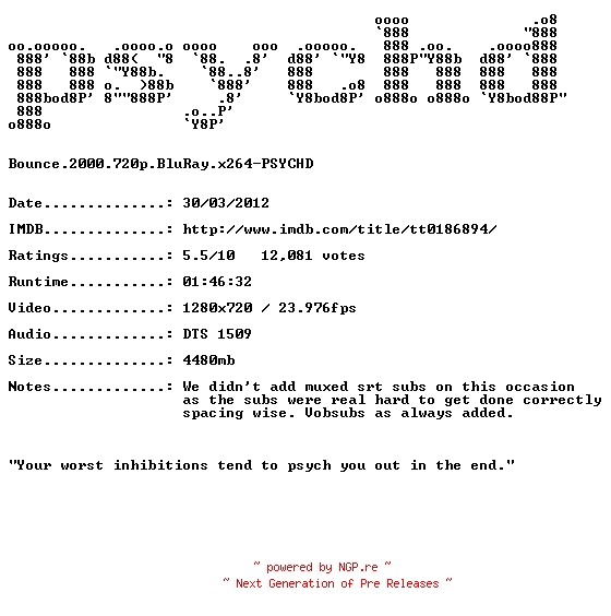 NFO for the release Bounce.2000.720p.BluRay.x264-PSYCHD by PSYCHD