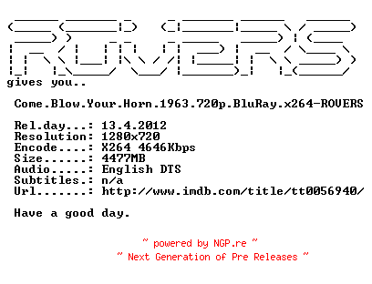 NFO for the release Come.Blow.Your.Horn.1963.720p.BluRay.x264-ROVERS by ROVERS