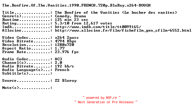 NFO for the release The.Bonfire.Of.The.Vanities.1990.FRENCH.720p.BluRay.x264-ROUGH by ROUGH