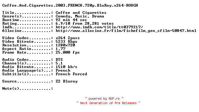 NFO for the release Coffee.And.Cigarettes.2003.FRENCH.720p.BluRay.x264-ROUGH by ROUGH