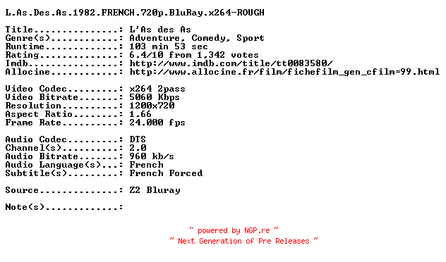 NFO for the release L.As.Des.As.1982.FRENCH.720p.BluRay.x264-ROUGH by ROUGH