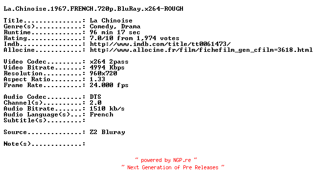 NFO for the release La.Chinoise.1967.FRENCH.720p.BluRay.x264-ROUGH by ROUGH