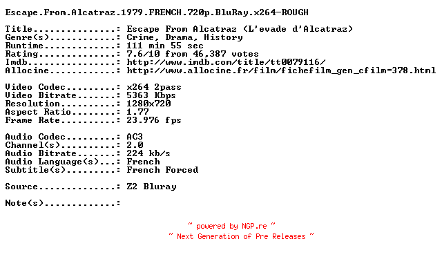 NFO for the release Escape.From.Alcatraz.1979.FRENCH.720p.BluRay.x264-ROUGH by ROUGH