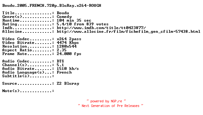 NFO for the release Boudu.2005.FRENCH.720p.BluRay.x264-ROUGH by ROUGH
