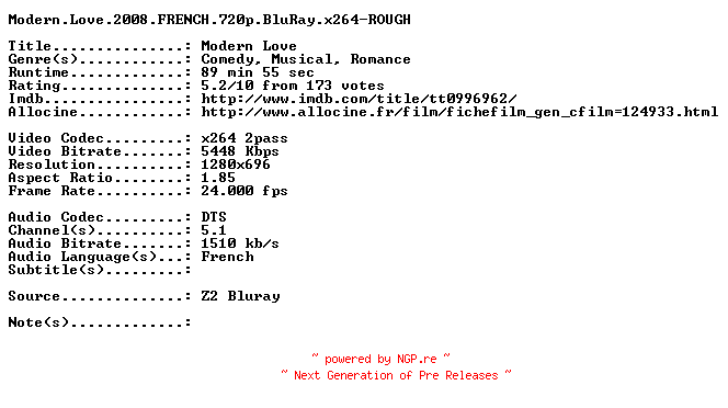 NFO for the release Modern.Love.2008.FRENCH.720p.BluRay.x264-ROUGH by ROUGH