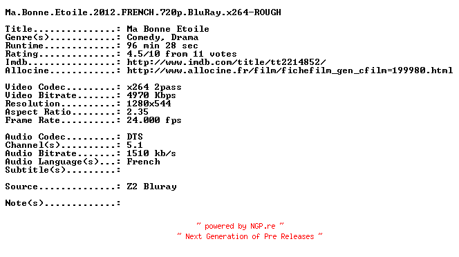 NFO for the release Ma.Bonne.Etoile.2012.FRENCH.720p.BluRay.x264-ROUGH by ROUGH