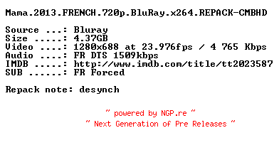 NFO for the release Mama.2013.FRENCH.720p.BluRay.x264.REPACK-CMBHD by CMBHD