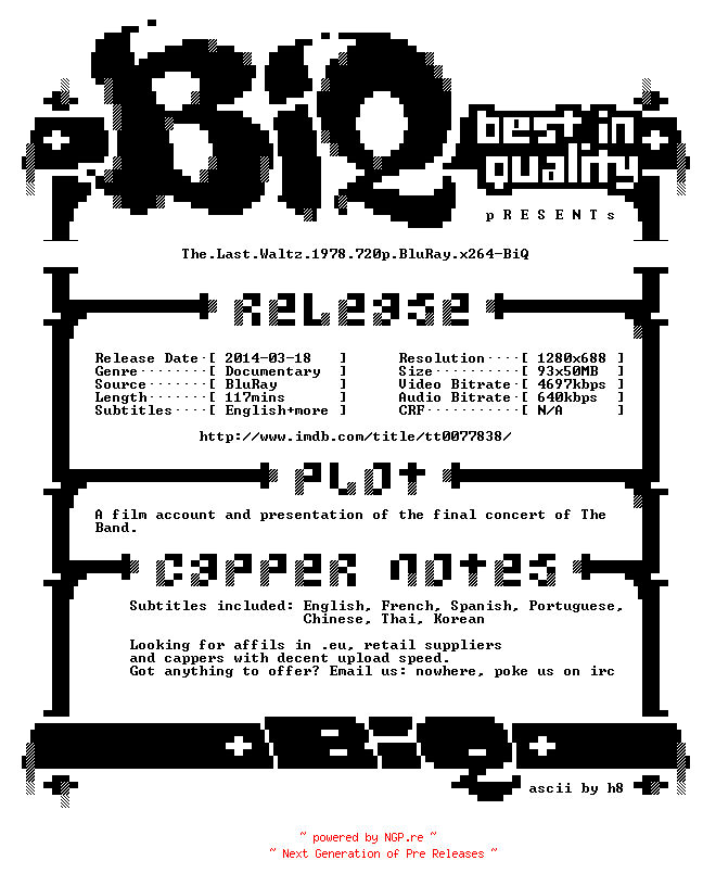 NFO for the release The.Last.Waltz.1978.720p.BluRay.x264-BiQ by BiQ