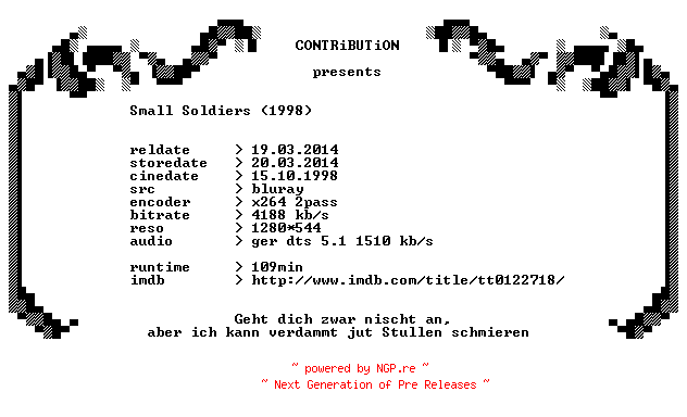 NFO for the release Small.Soldiers.1998.German.720p.BluRay.x264-CONTRiBUTiON by CONTRiBUTiON
