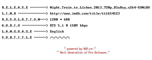 NFO for the release Night.Train.to.Lisbon.2013.720p.BluRay.x264-SONiDO by SONiDO
