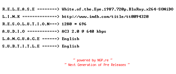 NFO for the release White.of.the.Eye.1987.720p.BluRay.x264-SONiDO by SONiDO