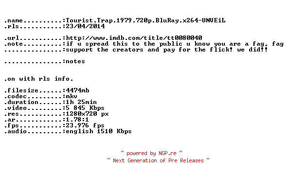 NFO for the release Tourist.Trap.1979.720p.BluRay.x264-UNVEiL by UNVEiL