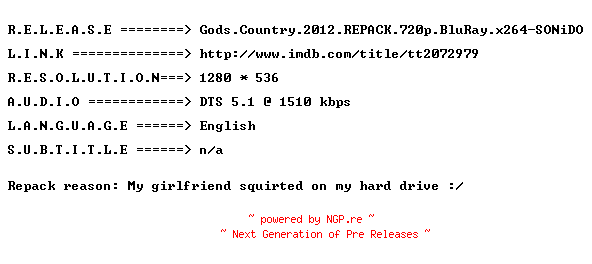 NFO for the release Gods.Country.2012.REPACK.720p.BluRay.x264-SONiDO by SONiDO