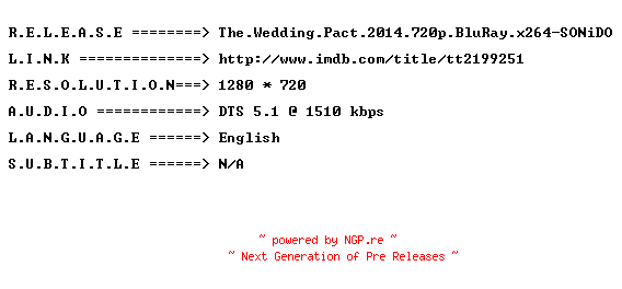 NFO for the release The.Wedding.Pact.2014.720p.BluRay.x264-SONiDO by SONiDO